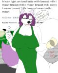  anthro apron apron_only barely_visible_nipples big_breasts blurred_background breasts canid canine canis clothing container cup curvy_figure dialogue eyes_closed eyewear fan_character female fluffy fluffy_tail fur glasses hair happy hi_res holding_container holding_cup holding_marker holding_object i_mean_breast_milk long_hair long_tail mammal meme mostly_nude multicolored_body multicolored_fur multicolored_hair neon_lion nipples purple_hair purple_tail_tip shaded simple_background simple_shading smile solo speech_bubble tail white_body white_fur wide_hips wolf 