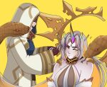  2girls animal bare_shoulders blonde_hair blue_shirt blush braiding_hair brown_hair closed_eyes closed_mouth commentary deebyfeeby english_commentary fire_emblem fire_emblem_heroes grey_hair gullveig_(fire_emblem) gullveig_(seer_beyond_time)_(fire_emblem) hairdressing hands_on_another&#039;s_head highres hood hood_up hooded_robe horns kiran_(female)_(fire_emblem) kiran_(fire_emblem) long_hair multicolored_hair multiple_girls official_alternate_costume open_clothes open_robe pale_skin parted_bangs robe seidr_(fire_emblem) shirt simple_background single_horn smile snake snake_hair teeth two-tone_hair upper_teeth_only very_long_hair wide_sleeves yellow_background yellow_eyes yuri 