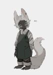  1boy 50_ior :&lt; animal_ears apron arms_at_sides bandaid bandaid_on_cheek bandaid_on_face bandaid_on_hand barefoot black_pants black_skin closed_mouth collared_shirt colored_skin curious dress_shirt earclip fingernails fox_boy fox_ears fox_tail green_apron head_tilt highres long_arms long_fingernails long_sleeves long_toenails looking_at_viewer male_focus original pants pants_rolled_up shirt short_hair simple_background sleeves_rolled_up snout solo standing tail toenails white_background white_hair wide-eyed 
