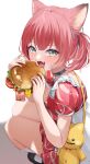 1girl absurdres ahoge akami_karubi animal_ears blue_eyes blush burger cat_ears eating fangs food hair_between_eyes highres holding holding_food horo_27 indie_virtual_youtuber looking_at_viewer open_mouth red_hair ribbon short_hair solo twintails virtual_youtuber white_background 