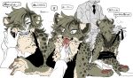 anthro barbed_tongue blush bodily_fluids breasts butt clothed clothing digital_media_(artwork) duo felid female hi_res japanese_text leopard leopard_spots male mammal ng_hus pantherine spots text thumb_in_mouth tongue transformation transformation_sequence tuft 