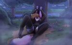  anthro big_tail butt canid canine canis clothing cuff_(restraint) dawrk dawrklawst forest forest_background goo_creature handcuffs hands_behind_head hi_res jackal laying_on_ground legs_up legwear lying male mammal metal_cuffs nature nature_background night on_back on_ground panties plant purple_slime raised_arms restraints solo solo_focus spread_legs spreading sweater tail thigh_highs topwear tree underwear 