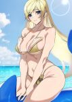  1girl ashiomi_masato bare_shoulders bikini blonde_hair blue_eyes blue_sky breasts cleavage closed_mouth cloud dolphin guilty_gear guilty_gear_strive hair_down large_breasts light_rays long_hair looking_at_viewer millia_rage navel ocean skindentation sky sly solo sparkle sun sunbeam sunlight swimsuit thighs twitter_username very_long_hair 