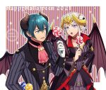  1boy 1girl bat_wings black_suit blue_hair byleth_(fire_emblem) byleth_(male)_(fire_emblem) byleth_(male)_(halloween)_(fire_emblem) candy edelgard_von_hresvelg fake_horns fake_wings fire_emblem fire_emblem:_three_houses fire_emblem_heroes food formal hiyori_(rindou66) holding holding_candy holding_food holding_lollipop horns lollipop looking_at_another official_alternate_costume open_mouth smile suit white_hair wings 