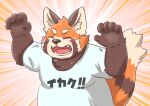  2023 ailurid anthro blush brown_body clothing eyes_closed humanoid_hands kemono kotadash male mammal orange_body overweight overweight_male red_panda shirt solo text text_on_clothing text_on_shirt text_on_topwear topwear 
