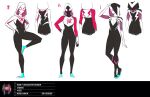  1girl alternate_color alternate_costume aqua_footwear black_bodysuit bodysuit concept_art full_body gwen_stacy highres hood hooded_bodysuit kris_anka looking_at_viewer marvel official_art print_bodysuit reference_sheet simple_background skin_tight spider-gwen spider-man:_across_the_spider-verse spider-man_(series) spider_web_print standing superhero two-tone_bodysuit white_bodysuit 