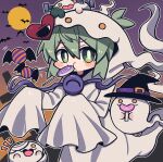  1girl alternate_costume animal bandages bat_(animal) bat_wings black_eyes blush bright_pupils candy coat cross eating food full_moon ghost ghost_costume ghost_tail grave graveyard green_eyes green_hair hair_between_eyes halloween halloween_costume hat heart holding holding_candy holding_food holding_lollipop hood hooded_coat komeiji_koishi lollipop long_sleeves medium_hair moon night night_sky object_through_head on_head one_eye_covered screw screw_in_head silhouette sky sleeves_past_fingers sleeves_past_wrists stitches sweets third_eye tombstone tongue tongue_out touhou white_coat white_pupils wings witch witch_hat yellow_eyes zunusama 