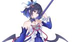  1girl black_hair blue_hair blue_sleeves chest_tattoo colored_inner_hair detached_sleeves facing_to_the_side highres holding holding_scythe holding_weapon honkai_(series) honkai_impact_3rd looking_at_viewer multicolored_hair official_alternate_eye_color red_eyes rinnaikawa scythe seele_vollerei shirt solo tattoo weapon white_background white_shirt 