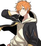  1boy arms_behind_head black_jacket blonde_hair drawstring earrings green_eyes highres hood hood_down hoodie hoshi-toge jacket jewelry looking_at_viewer male_focus multicolored_hair orange_hair project_sekai shinonome_akito simple_background solo streaked_hair upper_body white_background white_hoodie 