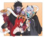  2boys 2girls :q adjusting_another&#039;s_clothes alternate_costume animal_ears aqua_eyes argyle argyle_background ascot black_cloak black_dress black_hair black_headwear blonde_hair blue_eyes border braid candy cat_ears cloak closed_eyes colored_skin commentary cupcake demon_horns dress europa_(granblue_fantasy) extra_arms fake_animal_ears fake_horns food from_side godsworn_alexiel granblue_fantasy grimnir habit halloween heterochromia highres holding holding_food holding_plate holding_pumpkin holding_vegetable horns jack-o&#039;-lantern long_hair looking_down multiple_boys multiple_girls nun open_mouth orange_background plate pointy_ears profile pumpkin pumpkin_pie purple_hair purple_skin red_eyes red_hair shiva_(granblue_fantasy) simple_background snake tongue tongue_out vegetable white_ascot white_snake yakota_(usuk-yako) 