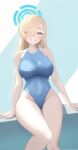  1218_haruru 1girl absurdres arm_support asuna_(blue_archive) bare_shoulders blonde_hair blue_archive blue_eyes blue_one-piece_swimsuit blush breasts covered_navel eyes_visible_through_hair hair_over_one_eye highleg highleg_swimsuit highres large_breasts long_hair looking_at_viewer one-piece_swimsuit sitting sitting_on_wall smile solo swimsuit teeth 