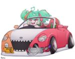  1girl artist_request car coni_confetti convertible driving green_hair idol_corp motor_vehicle on_vehicle open_mouth red_eyes sharp_teeth teeth twintails 