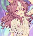  1girl alternate_costume animal_ears bra breasts brown_hair collarbone commentary_request copano_rickey_(umamusume) double_bun english_text fang gaze_on_me!_outfit_(umamusume) hair_bun highres horse_ears horse_girl looking_at_viewer medium_breasts medium_hair open_mouth portrait red_eyes see-through shirt simple_background solo umamusume underwear usuba-kagerou 