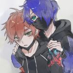  2boys aqua_eyes black_hoodie blue_hair blue_hoodie carrying grey_background hair_over_one_eye highres hood hood_down hoodie kajiyama_fuuta looking_at_viewer male_focus mask milgram mou_xingchen mouth_mask multicolored_clothes multicolored_hoodie multiple_boys one_eye_covered orange_eyes piggyback red_hair sakurai_haruka_(milgram) yaoi 