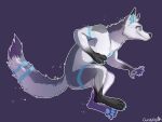  anthro arctic_fox band_(marking) banded_arms banded_legs banded_tail blue_ears blue_eyes canid canine fox grey_fox grin gundypip icarus_fox jumping male mammal markings paws smile solo tail tail_markings urocyon 