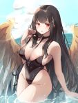  black_hair black_one-piece_swimsuit blue_sky breasts brown_wings casual_one-piece_swimsuit character_request cleavage cloud cowboy_shot day echocalypse highleg highleg_swimsuit highres horizon komena_(shinyday312) large_breasts long_hair ocean one-piece_swimsuit outdoors red_eyes sky swimsuit water wings 