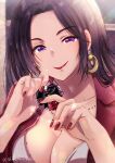  1girl absurdres artist_name breasts brown_hair cattleya_baudelaire cleavage day earrings hands_up highres jewelry large_breasts lipstick long_hair looking_at_viewer makeup nail_polish_bottle purple_eyes red_nails shimotsukishin smile solo upper_body violet_evergarden_(series) 
