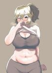  1girl absurdres belly black_eyes blonde_hair breasts bright_pupils brown_background cleavage clenched_hand clothes_pull glasses grey_leggings grey_sports_bra hair_behind_ear highres kms2605 large_breasts leggings looking_at_viewer mole mole_on_breast mole_on_stomach mole_under_eye navel one_eye_closed original plump round_eyewear shirt shirt_pull solo sports_bra sweat white_pupils white_shirt 