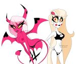  blonde_hair breasts charlie_morningstar clothed clothing demon demon_humanoid duo eclipsa78 female hair hazbin_hotel helluva_boss hi_res humanoid nipples open_mouth open_smile panties partially_clothed pink_body pink_eyes red_eyes simple_background smile succubus teeth thick_thighs underwear verosika_mayday_(helluva_boss) white_body wings 