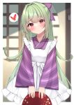  1girl absurdres alternate_costume apron blunt_bangs blurry blurry_background blush bow closed_mouth commentary cowboy_shot enmaided eyes_visible_through_hair frilled_apron frills green_hair hair_bow half_updo head_tilt heart highres holding holding_tray indoors japanese_clothes kimono long_hair long_sleeves looking_at_viewer maid maid_apron murasame_(senren) purple_bow purple_kimono red_eyes senren_banka sidelocks solo spoken_heart standing straight-on straight_hair striped striped_kimono tray very_long_hair wa_maid white_apron wide_sleeves yosh1na 