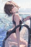  1girl absurdres ass back_cutout blush breasts brown_hair clothing_cutout competition_swimsuit fujiya_takao highres higuchi_madoka idolmaster idolmaster_shiny_colors large_breasts looking_at_viewer looking_to_the_side mole mole_under_eye one-piece_swimsuit pool pool_ladder poolside solo splashing swimsuit 