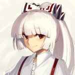  1girl blunt_bangs boa_(brianoa) bow closed_mouth commentary english_commentary fujiwara_no_mokou grey_background hair_bow highres light_blush long_hair ponytail red_bow red_eyes shirt simple_background smile solo suspenders touhou twitter_username very_long_hair white_bow white_hair white_shirt wing_collar 