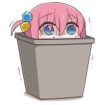  1girl blue_eyes bocchi_the_rock! cube_hair_ornament denden empty_eyes gloom_(expression) gotoh_hitori hair_between_eyes hair_ornament in_container in_trash_can motion_lines one_side_up pink_hair shaded_face simple_background solo sweat tareme transparent_background trash_can trembling 