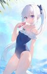  1girl absurdres blue_archive bow casual_one-piece_swimsuit cellphone collarbone covered_navel duzizai hair_bow highres holding holding_phone long_hair looking_at_viewer miyako_(blue_archive) miyako_(swimsuit)_(blue_archive) one-piece_swimsuit phone ponytail purple_eyes smartphone solo swimsuit white_hair 