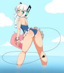  1girl absurdres aqua_eyes ass bare_legs bare_shoulders bent_over blue_one-piece_swimsuit blue_sky blush borrowed_character bracelet braid casual_one-piece_swimsuit closed_mouth cloud day digitan_(porforever) doremianc electric_plug from_behind headphones highres jewelry legs_apart long_hair looking_at_viewer looking_back one-piece_swimsuit original outdoors sky smile snail solo standing star-shaped_pupils star_(symbol) swimsuit symbol-shaped_pupils tail thighs water white_hair 