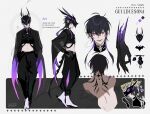  1boy 3000x4500 :p black_hair bondage_outfit earrings full_body highres jewelry long_sleeves looking_at_viewer male_focus original pink_eyes purple_hair reference_sheet short_hair_with_long_locks standing tongue tongue_out 