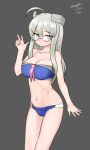  1girl absurdres adapted_costume ahoge bikini blue_bikini breasts cleavage dated feet_out_of_frame glasses grey_eyes grey_hair headgear heywood_l._edwards_(kancolle) highres kantai_collection large_breasts long_hair looking_at_viewer maru_(marg0613) navel one-hour_drawing_challenge sailor_bikini sailor_collar solo swimsuit twitter_username v 
