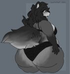  anthro belly big_butt biped black_hair bottom_heavy breasts butt canid canine canis clothed clothing curvy_figure digital_drawing_(artwork) digital_media_(artwork) female fur grey_body grey_fur hair hi_res lingerie mammal martha_(mexifurfoof) mexifurfoof overweight overweight_female rear_view simple_background solo tail thick_thighs voluptuous wide_hips wolf 