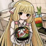  bento blonde_hair blunt_bangs blush blush_stickers bubbacterial chii chobits expressionless hair_tubes highres holding_bento indoors long_hair own_hands_together robot robot_ears sauce spring_onion tomato very_long_hair yellow_eyes 
