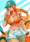  1girl arm_tattoo baseball_cap bikini breasts drinking_straw english_commentary food fruit hat highres large_breasts long_hair md5_mismatch nami_(one_piece) navel one_piece orange_(fruit) orange_hair orange_juice short_shorts shorts shuravf smile solo swimsuit tattoo unbuttoned 