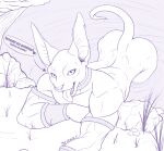  anthro athletic beerus bracelet butt domestic_cat dragon_ball dragon_ball_super ear_piercing ears_up felid feline felis hairless hairless_cat hi_res jewelry line_art looking_at_viewer male mammal necklace nude piercing pinup pose smile solo sphynx_(cat) tail tongue tongue_out waterfall zwolf 