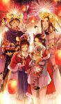  2boys 2girls absurdres animal animal_ears animal_on_head animal_on_shoulder bai_moqing_(xian_jian_qi_xia_zhuan_7) bird black_hair cape chinese_clothes chinese_new_year chinese_zodiac closed_eyes fake_animal_ears feet_out_of_frame fireworks fur-trimmed_cape fur_trim green_shirt grin hair_rings hanfu highres holding holding_animal hood hood_up hooded_cape lantern long_hair looking_up miniskirt multiple_boys multiple_girls on_head paper_lantern purple_cape rattle_drum red_cape sang_you_(xian_jian_qi_xia_zhuan_7) shirt short_hair skirt sky_lantern smile tanghulu tiger tiger_ears white_skirt xialuo_yingling xianjian_qixia_zhuan xianjian_qixia_zhuan_7 xiu_wu_(xian_jian_qi_xia_zhuan_7) yue_qingshu_(xian_jian_qi_xia_zhuan_7) 