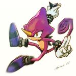  1boy artist_name espio_the_chameleon gloves hashi84e highres holding_shuriken horns motion_blur shoes simple_background single_horn solo sonic_(series) white_background white_gloves 