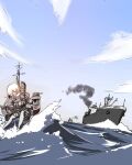  1girl black_skirt brown_hair cloud day glasses grey_pantyhose hair_between_eyes highres holding kantai_collection kisei_mt long_hair long_sleeves mochizuki_(kancolle) ocean outdoors pantyhose red-framed_eyewear rigging sailor_collar school_uniform serafuku ship skirt sky smoke solo water watercraft 