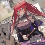  1girl 2023 absurdres baobhan_sith_(fate) baobhan_sith_(swimsuit_pretender)_(fate) black_nails braid breasts capelet character_name convention detached_sleeves ear_piercing fang fate/grand_order fate_(series) glasses grey_eyes highres katsu_(katsupainter) large_breasts long_hair manga_(object) piercing pink_hair pointy_ears round_eyewear 