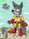  2021 3:4 3_toes 4_fingers anthro belt black_eyebrows boots canid canine canis cape clothing cloud diagram english_text eyebrows feet fingers fluffy fluffy_tail footwear fur gloves green_ears green_nose green_pawpads grey_body grey_fur grey_hair hair handwear hi_res jumpsuit looking_at_viewer male mammal one-punch_man one_(manga) palms pawpads paws rakesh red_boots red_clothing red_footwear red_gloves red_handwear short_hair signature sky smile smiling_at_viewer solo standing tail text thefurrygreenfox toes white_cape wolf yellow_jumpsuit 