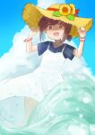  1girl :d absurdres blue_hair blue_sky brown_eyes brown_hair cloud commentary dress flower hands_on_headwear hands_up hat hat_flower hat_ribbon highres hozuki_momiji looking_at_viewer multicolored_hair onii-chan_wa_oshimai! open_mouth red_ribbon ribbon short_hair short_ponytail short_sleeves sky smile solo straw_hat sunflower tama_go two-tone_hair wading water wristband 