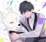  2boys animal_ears black_hair blue_eyes body_fur carrying carrying_person closed_mouth colored_sclera confetti furry furry_male furry_with_non-furry fw_kisskiss grey_vest highres interspecies long_sleeves looking_at_viewer male_focus multiple_boys necktie princess_carry remnant_kemonohito_omegaverse short_hair sitting smile suit tail upper_body vest white_background white_fur white_necktie wolf_boy wolf_ears wolf_tail yaoi yellow_eyes yellow_sclera 