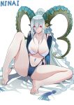  1girl bare_legs bare_shoulders barefoot bikini blue_bikini blue_hair curled_horns fate/grand_order fate_(series) feet green_horns highres horns large_horns long_hair long_horns navel ninai pink_eyes pointy_ears soles stomach_tattoo swimsuit tattoo tiamat_(fate) toes very_long_hair 