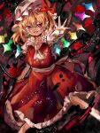  1girl ascot back_bow blonde_hair bow collared_shirt feet_out_of_frame flandre_scarlet frilled_shirt_collar frilled_skirt frills hair_between_eyes hat hat_bow hat_ribbon holding holding_polearm holding_weapon laevatein_(touhou) large_bow looking_at_viewer medium_hair mob_cap multicolored_wings open_mouth pointy_ears polearm puffy_short_sleeves puffy_sleeves red_background red_bow red_eyes red_ribbon red_skirt red_theme red_vest ribbon shirt short_sleeves skirt skirt_set solo sutaku77224 touhou triangle_mouth v-shaped_eyebrows vest weapon white_bow white_headwear white_shirt wings 