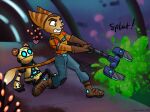  &lt;3 2023 anthro boots brown_stripes clenched_teeth clothing duo eyebrows female footwear fur gloves green_eyes handwear headgear headwear hi_res kit_(ratchet_and_clank) littlelombaxart lombax machine male mammal onomatopoeia ratchet ratchet_and_clank robot sitting slime sony_corporation sony_interactive_entertainment sound_effects striped_body striped_fur stripes tail tail_tuft teeth text tuft yellow_body yellow_fur 