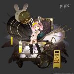 1girl absurdres animal_ears bare_arms bare_shoulders black_footwear blue_jacket boots chinese_commentary closed_mouth commentary_request fake_animal_ears full_body girls&#039;_frontline_neural_cloud gloves highres holding_rabbit jacket pink_hair rabbit rabbit_ears red_gloves shirt short_hair single_glove sitting sleeveless sleeveless_shirt solo taisch_(girls&#039;_frontline_nc) tianliang_duohe_fangdongye twintails visor_cap walkie-talkie white_shirt yellow_eyes 