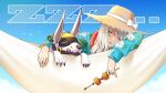  1girl 1other blue_jacket bolt_(nikke) corn frayed_clothes frima_(nikke) frima_(sea_of_sloth)_(nikke) goddess_of_victory:_nikke grey_hair grilled_corn hammock hat jacket lifebuoy lying navel neck_pillow non-humanoid_robot patterned_clothing robot robot_animal robot_dog saliva sawasa shirt sleep_mask sleeping straw_hat 