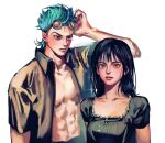  1boy 1girl abs absurdres aged_down black_eyes black_hair blue_eyes blue_hair blunt_bangs closed_mouth franky_(one_piece) goggles goggles_on_head highres long_hair looking_at_viewer nico_robin one_piece onigirimayora open_clothes realistic short_hair simple_background sparkle spiked_hair white_background 