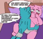  2023 achuchones_(unicorn_wars) anthro bear bed biped blue_body blush clothing dialogue duo furniture gordi_(unicorn_wars) lying male mammal moobs nipples pillow pink_body slightly_chubby spanish_text text underwear unicorn_wars vixx137 