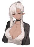  1girl absurdres black_choker black_jacket breasts choker cleavage closed_mouth collarbone commentary_request dark-skinned_female dark_skin facing_viewer highres jacket large_breasts long_hair looking_away open_clothes open_jacket original pointy_ears ponytail shiro_wa_(shiroshironix) shirt simple_background solo upper_body white_background white_hair white_shirt yellow_eyes 